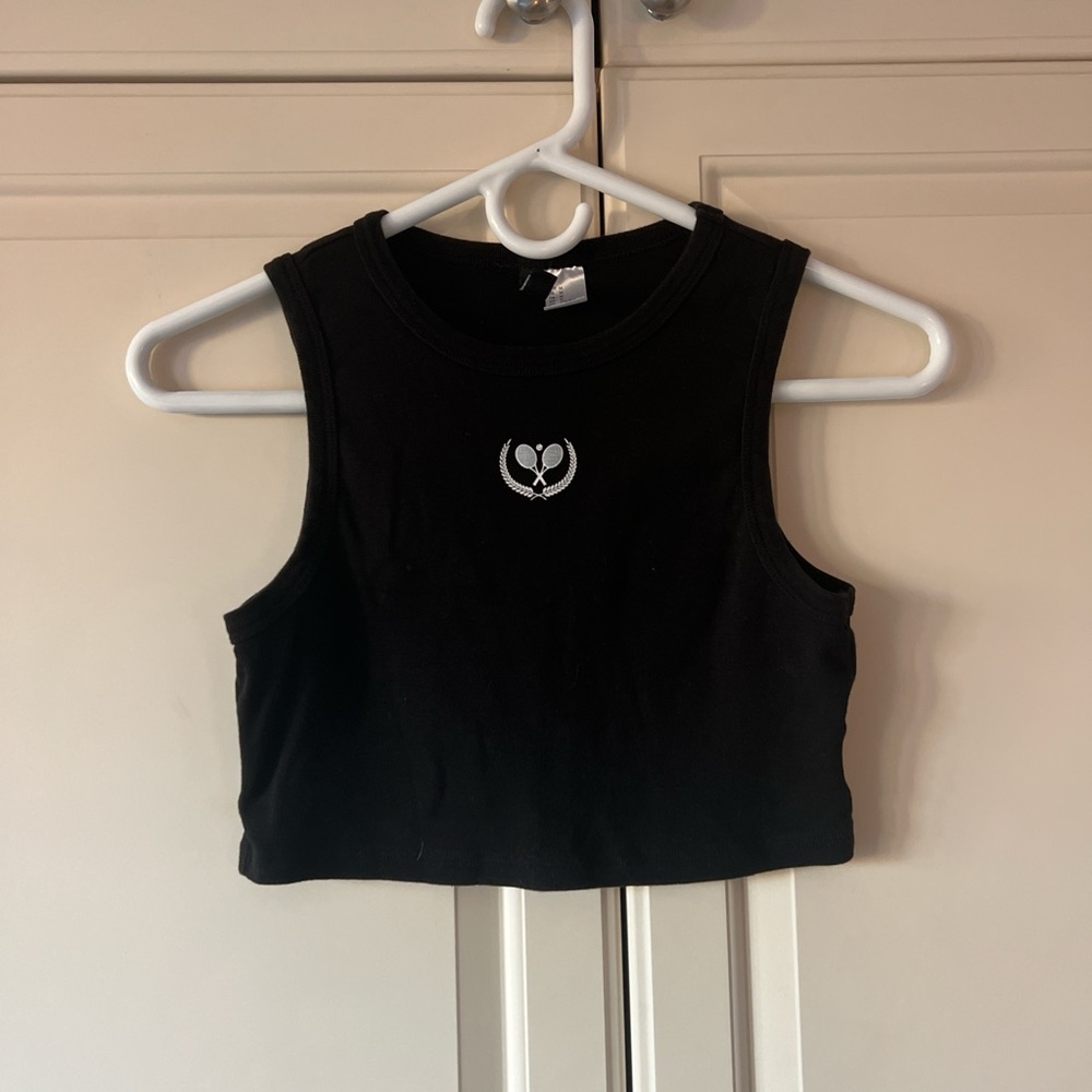 Divided Black Cropped Tank with Silver Tennis Emblem